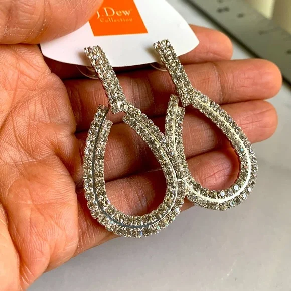 J. Dew Crystal Drop Earrings Silver Tone Large - Picture 8 of 8